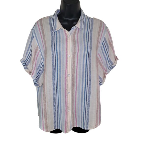 Splendid Striped button-down Linen Blend Blouse Camp shirt size Large - Picture 1 of 6